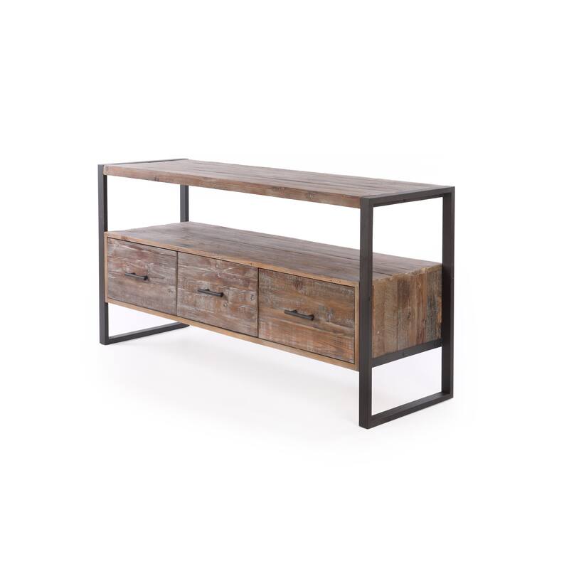Modern Antique-Finish TV Stand Made from Recycled Wood TV Stand with 3 Drawers and Open Shelving, for Living Rooms