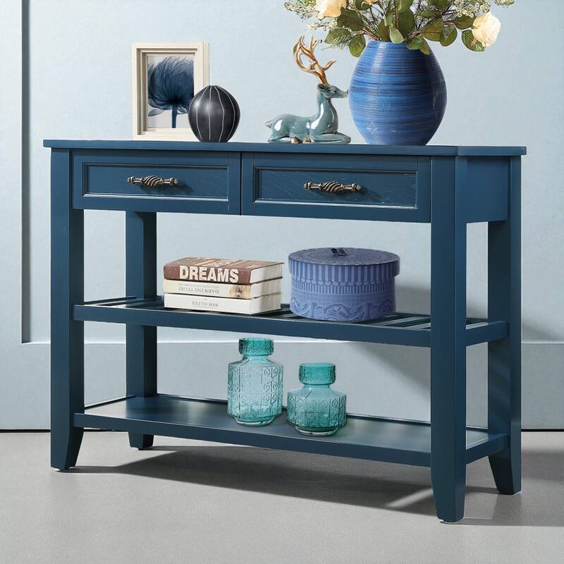 Mid-Century Console Sofa Table with Drawers and Shelves, 42 Inch Solid Wood Sideboard for Entryway and Hallway