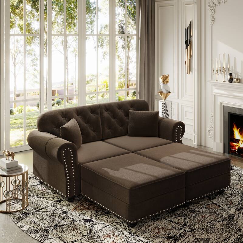 Mid Century Modern Couch, Velvet Chesterfield Sofa Button Tufted Oversized Loveseat Sofa with Nailhead Trim & Roll Armrests - Brown - 2 Seat+2 Ottoman