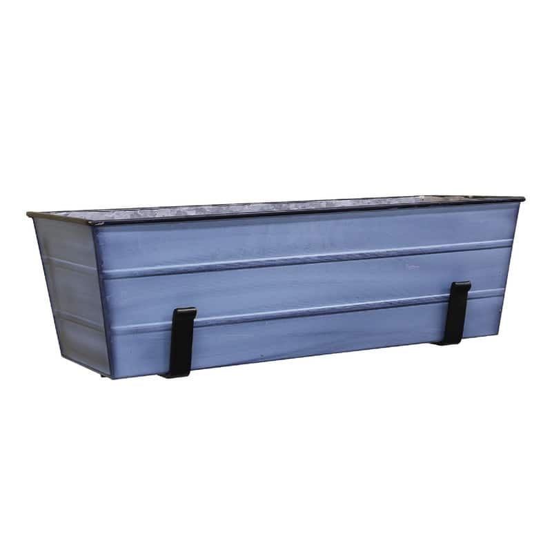 Achla Designs Medium Galvanized Steel Flower Box Planter With Wall Brackets, 24 Inch Wide, Nantucket Blue