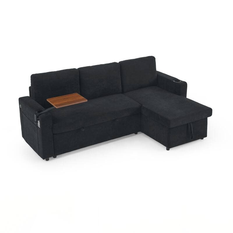 Modern Chenille Multi-functional Pull-Out Bed Sofa with Retractable Table and LED Lighting