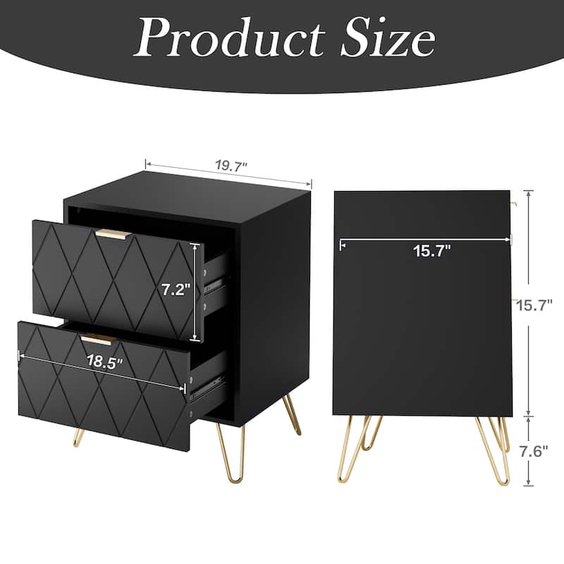 2 Drawers Nightstand Metal Legs End Side Table Bedside Table