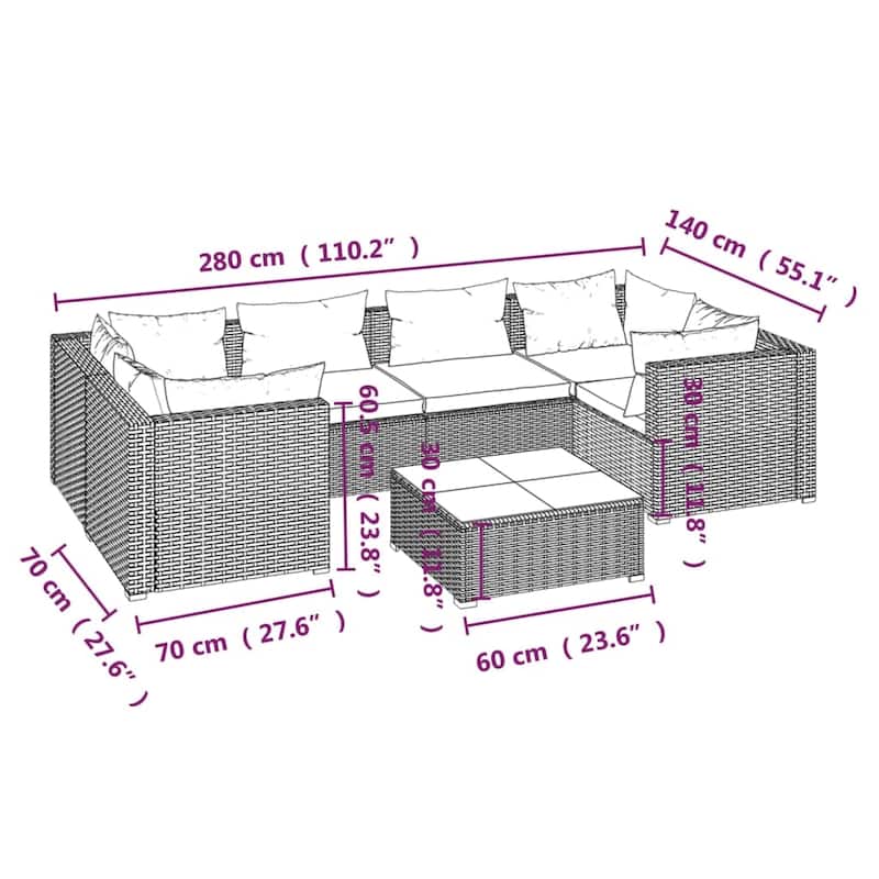 vidaXL Patio Lounge Set Outdoor Sectional Sofa Set Table Garden Poly Rattan - 27.6" x 27.6" x 23.8"