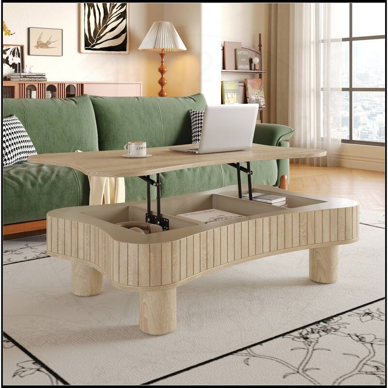 42" Lift Top Coffee Table with Fluted Panel Hidden Storage - Antique Natural