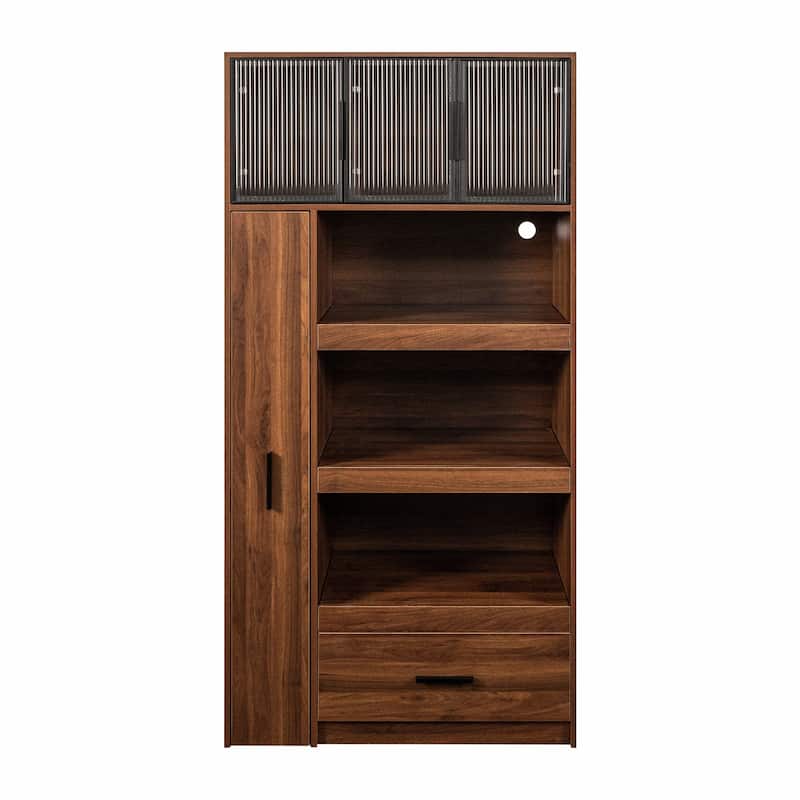 70.87" Tall Kitchen Pantry Cabinet with Pull-Out Multi-Tier Shelf & Aluminum Frame Glass Door