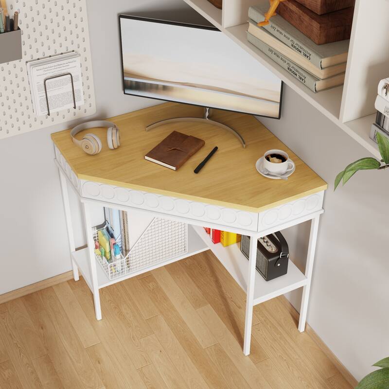 360° Rotating Corner Desk with Pull-Out Keyboard Tray – Small Space L-Shaped Computer Desk White & Oak