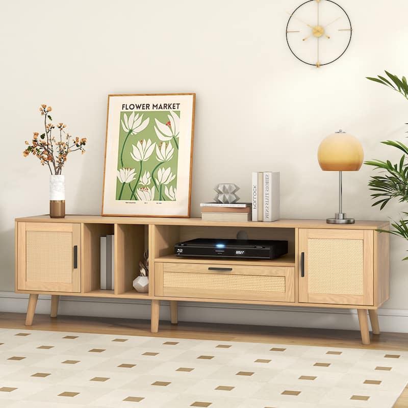 Rattan TV Stand Media Console Table for TVs up to 80", Entertainment Center with Solid Wood Legs, TV cabinet