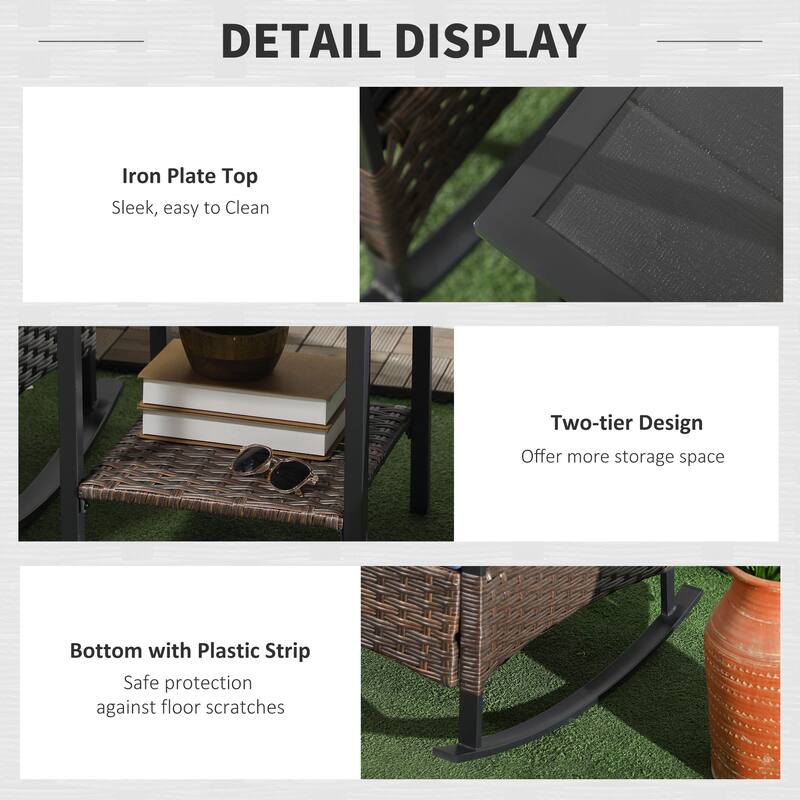 Outsunny 3 Piece Rocking Chair Patio Set, Outdoor Wicker Bistro Set with 2 Porch Rockers, 2 Tier Coffee Table, Cushions
