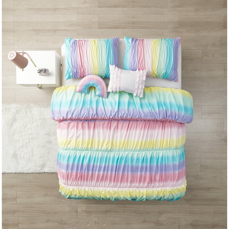 Rainbow Ruched Ultra Soft Microfiber Comforter Set with Rainbow Shaped Pillow & Ruffle Pillow
