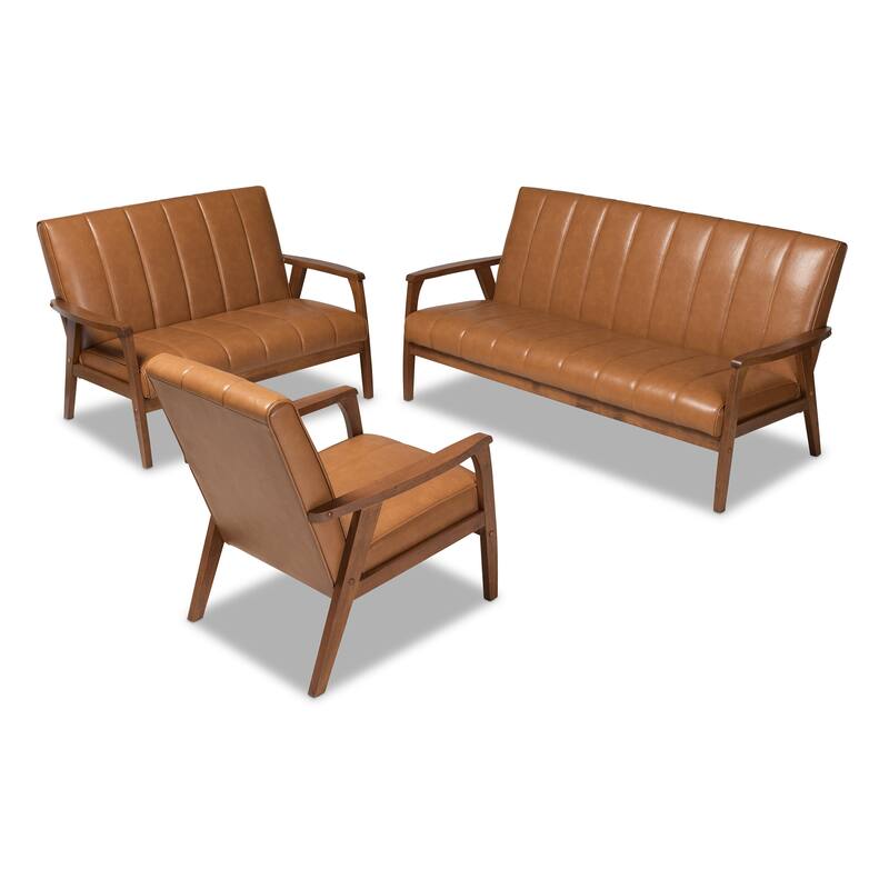 Nikko Tan Faux Leather and Walnut finished Wood 3PC Living Room Set - Tan