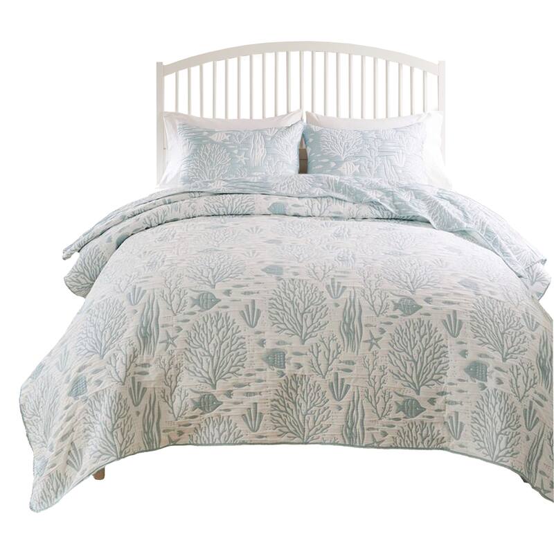 Amy 3pc Cal King Coverlet and Pillow Sham Set, Coastal Design, Seafoam Blue