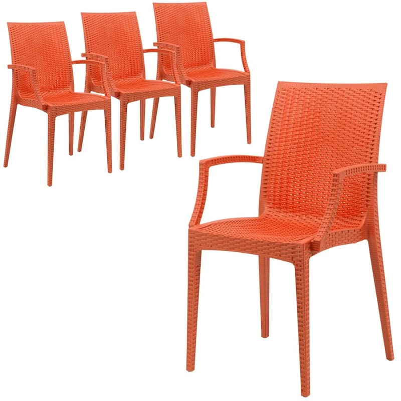 Mace Modern Textured Woven Style Outdoor Stackable Dining Arm Chair with UV Resistant for Patio or Garden Set of 4 - Orange