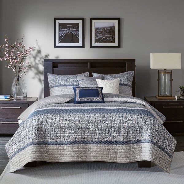 slide 2 of 27, Madison Park Melody 6 Piece Reversible Jacquard Quilt Set with Throw Pillows Navy - King