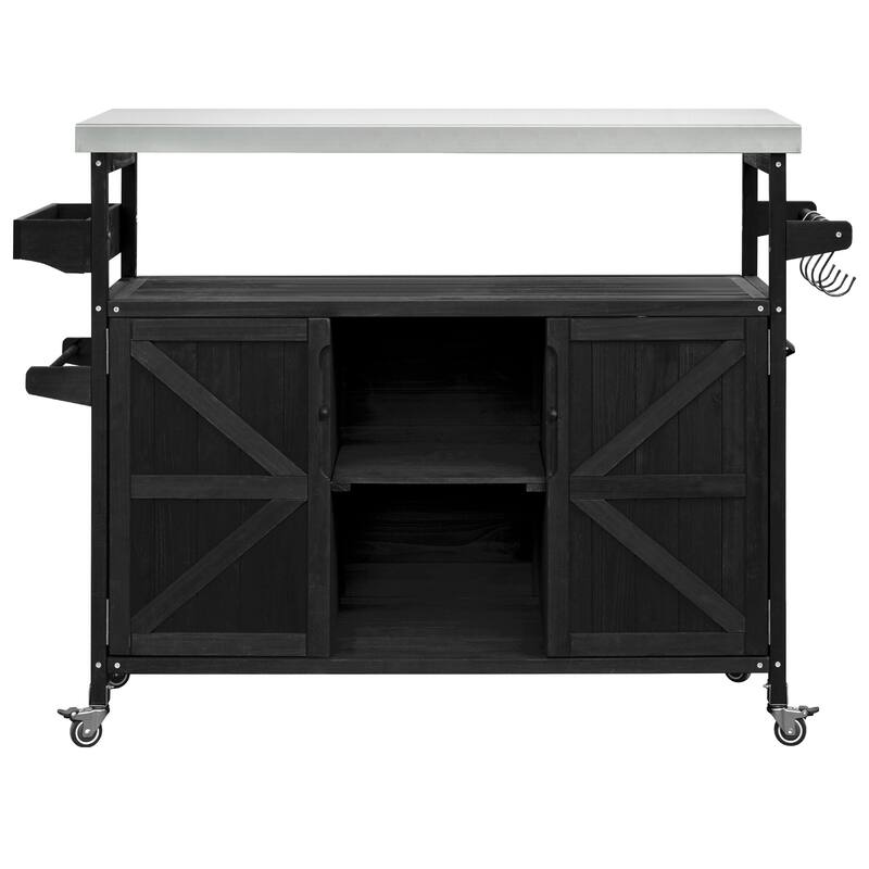 Outdoor Kitchen Island, Rolling Bar Cart & Storage Cabinet, Solid Wood Outdoor Grill Table with Stainless Steel Top