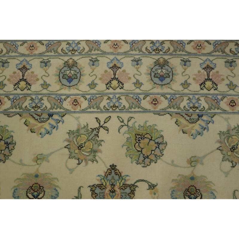 Hand Knotted Oriental Wool & Silk Carpet Traditional All-Over Beige & Ivories Tabriz Area Rug - 9' 5'' X 6' 3''