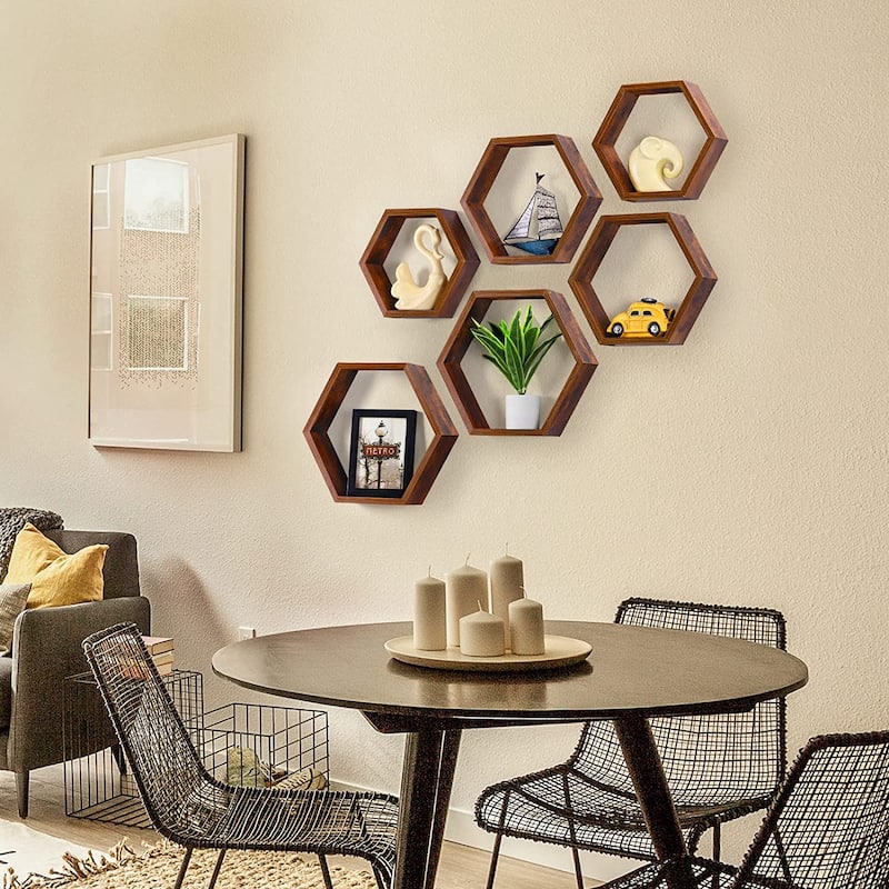 Set of 6 Wooden Hexagon Rustic Floating Shelves in Deep Natural Wood - Burnt