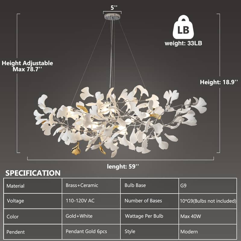 KAYLA Ceramic Ginkgo Leaf 8 -Light L40 Inch Chandelier