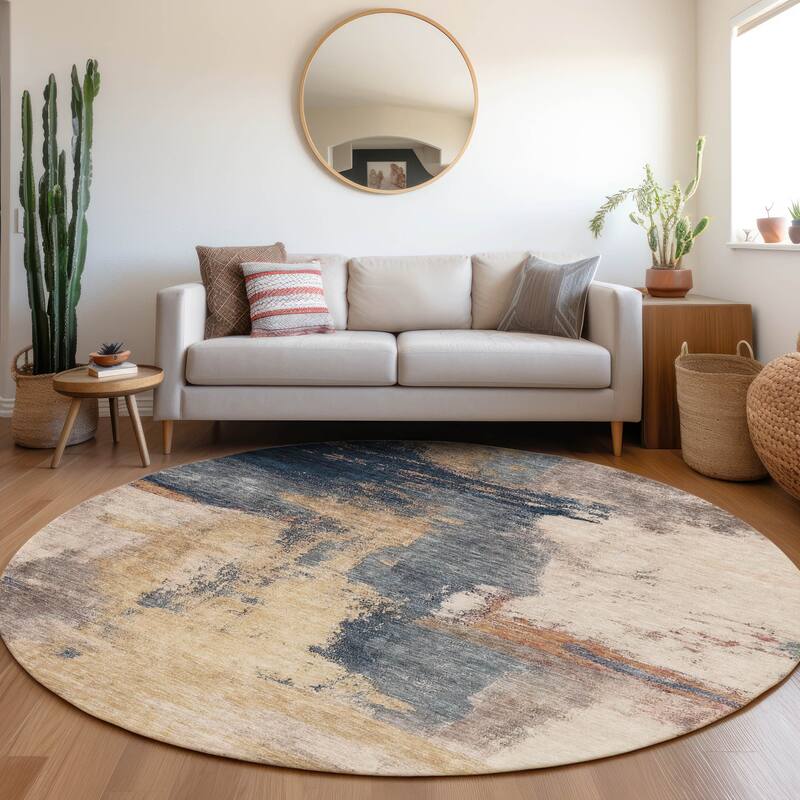 Machine Washable Indoor/ Outdoor Contemporary Abstract Chantille Rug - Gold - 8' x 8'