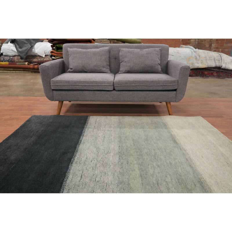 Hand Knotted Oriental 100% Wool Carpet Modern Stripe Greys & Charcoal Gabbeh Area Rug - 6' 8'' X 5' 0''