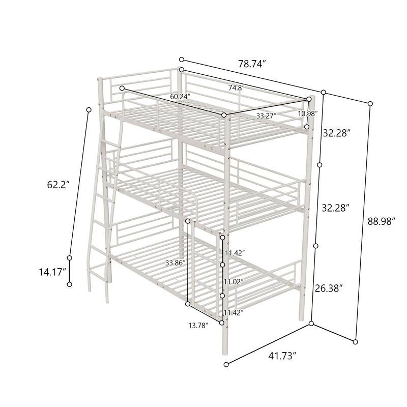 White Metal Triple Bunk Bed, Convertible to Three Single Beds, Space-Saving, Industrial Style, Easy Assembly