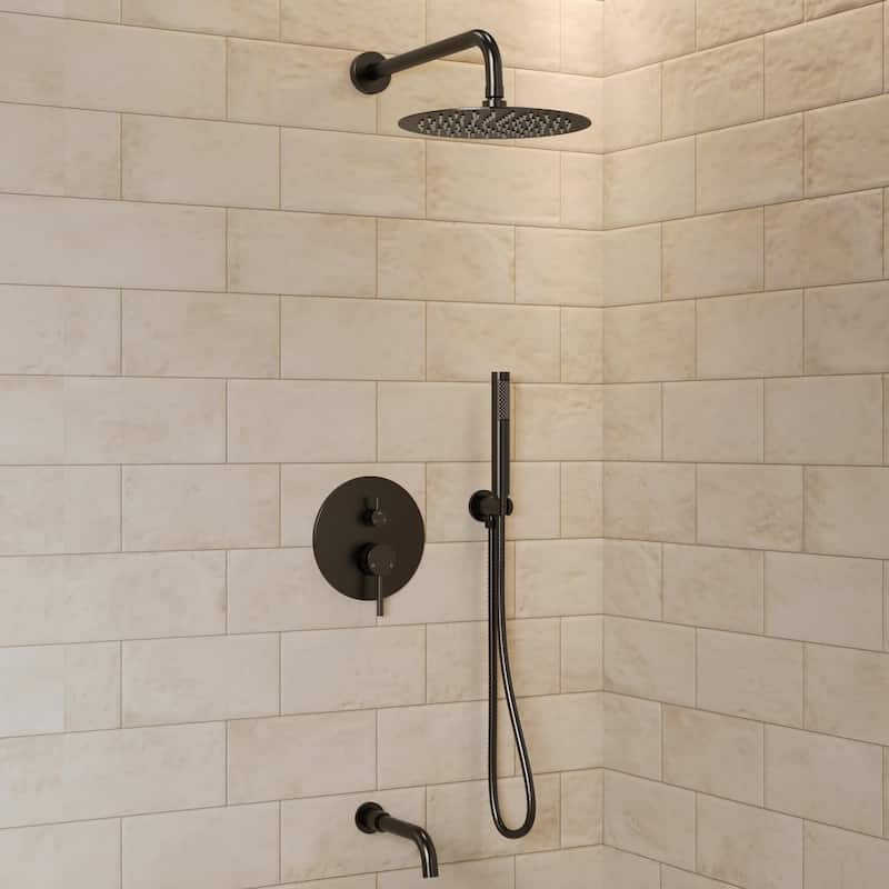 GRANDJOY 3-Function Bathroom Shower System with Rainfall Head, Handheld Unit, and Tub Spout - Matte Black