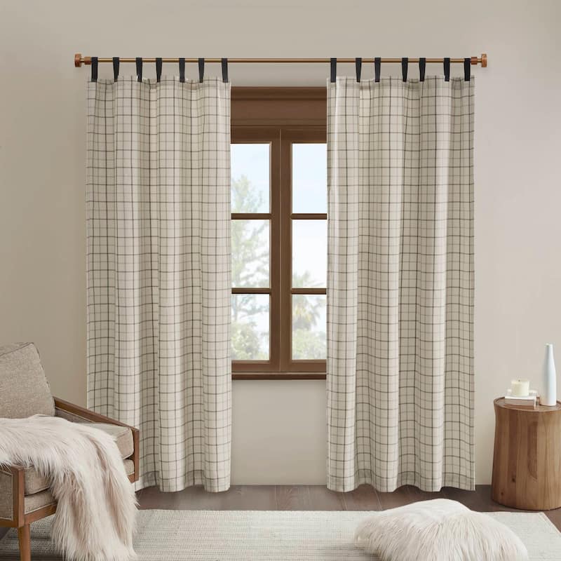 Madison Park Anaheim Plaid Faux Leather Tab Top Single Curtain Panel with Fleece Lining - 50x84" - Natural