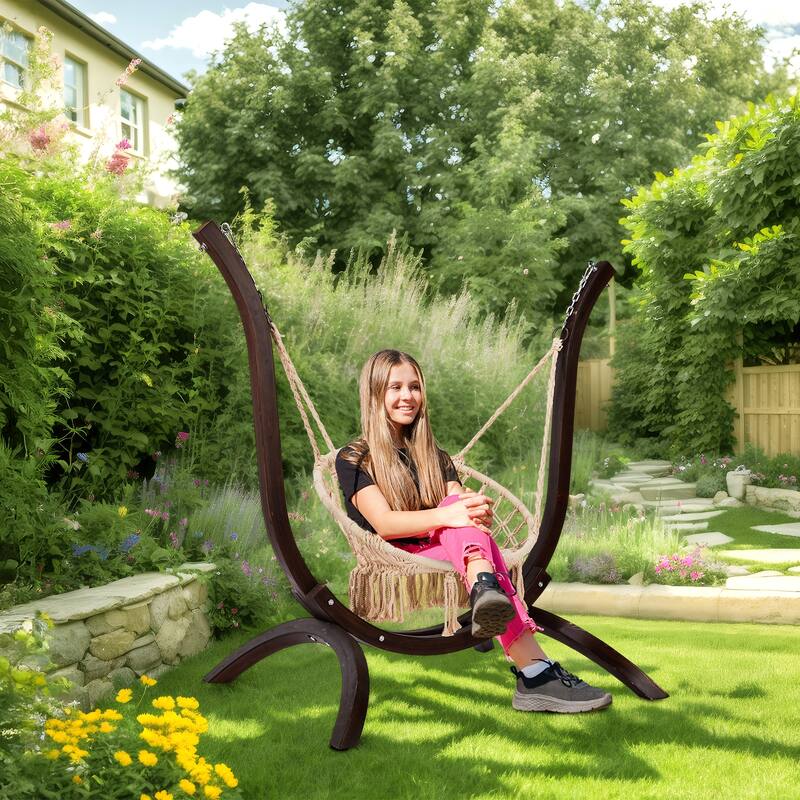 Carbonized Brown Wooden Hammock Chair Stand Curved Russian Larch Frame for Indoor and Outdoor Use Weather Resistant