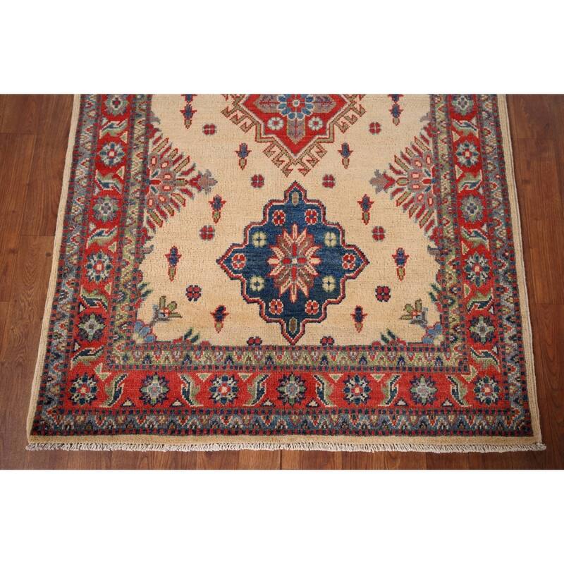 Kazak Accent Rug Handmade Geometric Beige Wool Carpet - 3'5" x 5'0"