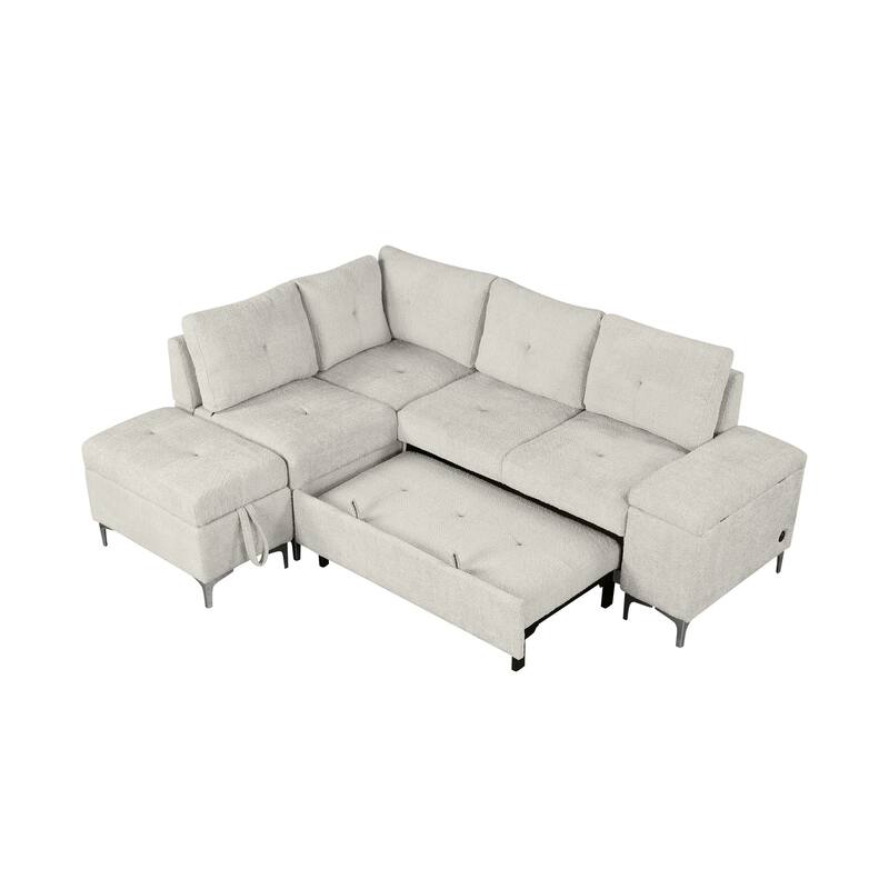 88.2" Chenille L-Shaped Sectional Sofa with Versatile Sofa Bed Design, Ample Storage Space, Two Cup Holders and USB Ports