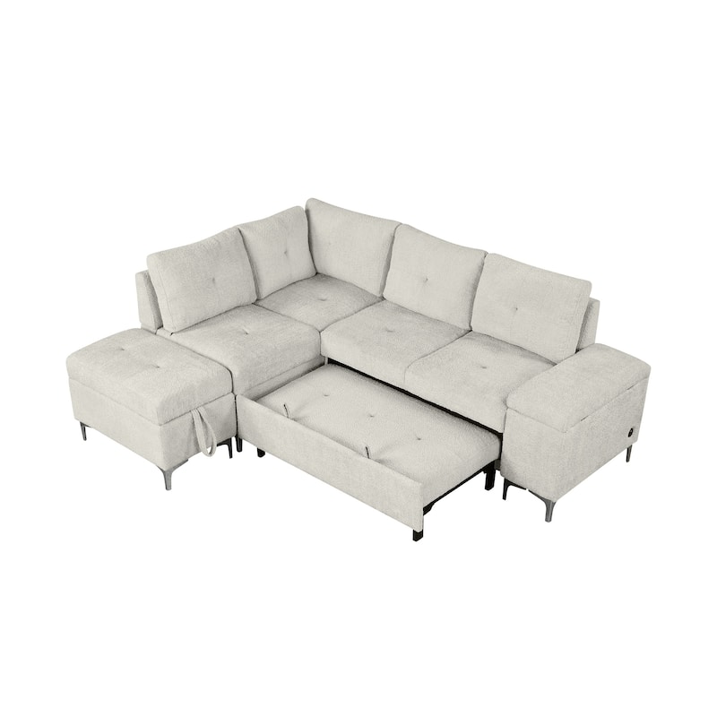 88.2" L-shaped Sofa Bed w/ Storage, 2 Cup Holders & 2 USB Ports, Beige Chenille