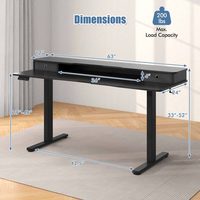 Costway 63" x 24" Electric Standing Desk with 2 Drawers Monitor Stand - See Details