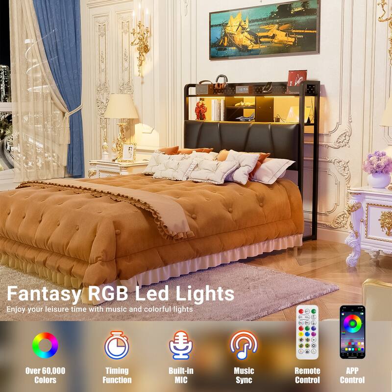 Upholstered Headboard with Pegboard and Charging Station, Storage Headboard Shelves and LED Light