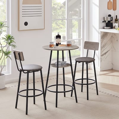 Rustic Round Bar Table Set with Upholstered Stools, Shelf, and Backrest, 3-Piece Set for Small Spaces and Home Bars