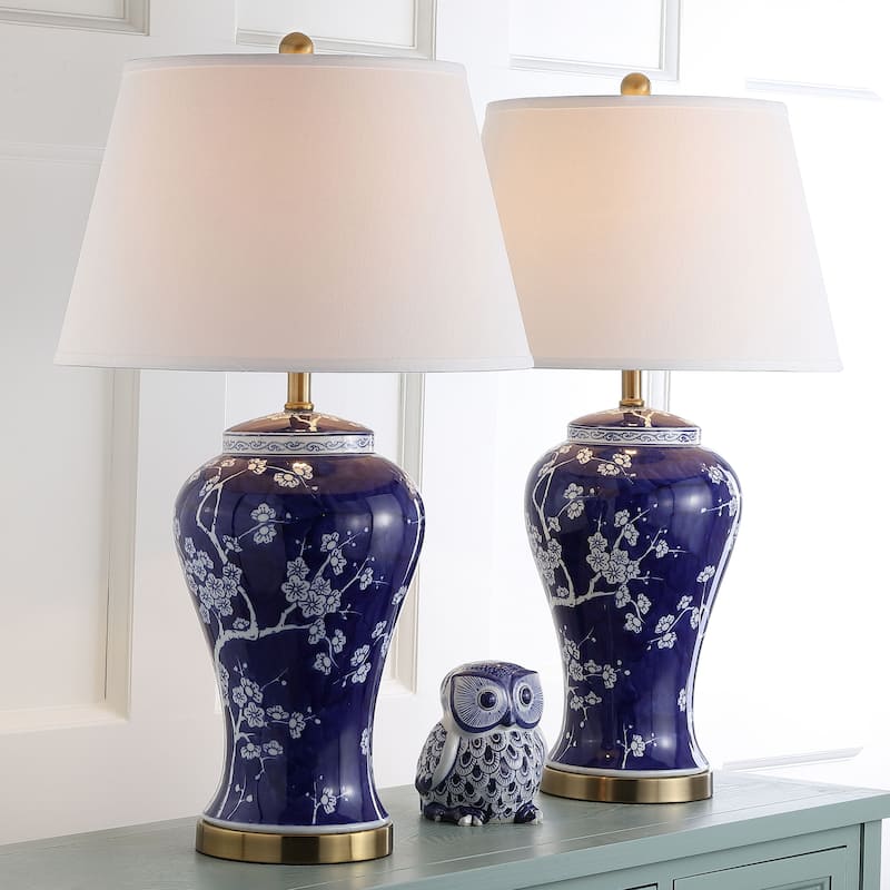 SAFAVIEH Lighting Tiffani Blue Blossom Ceramic Table Lamp (Set of 2) - 17" x 17" x 29" - 17Wx17Dx29H