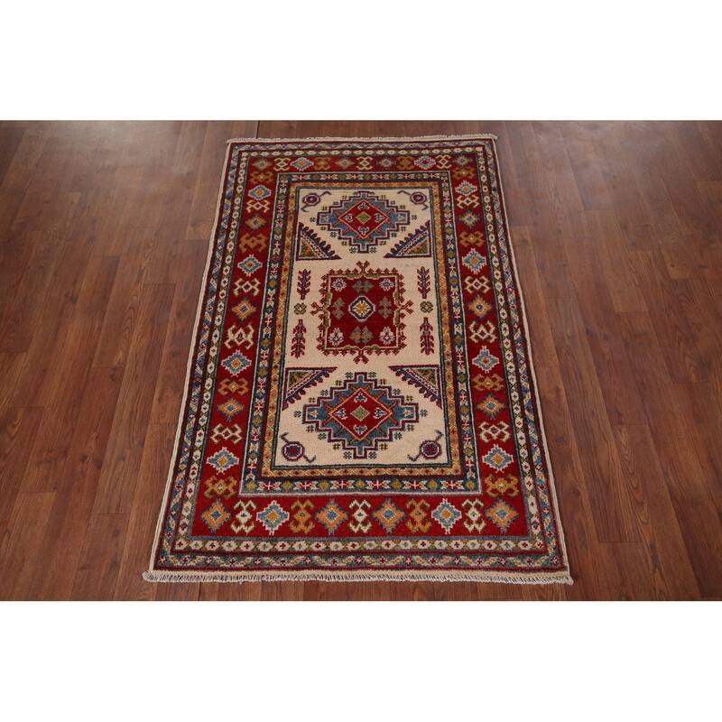 Geometric Kazak Oriental Foyer Rug Hand-Knotted Beige Wool Carpet - 2'9" x 4'3"