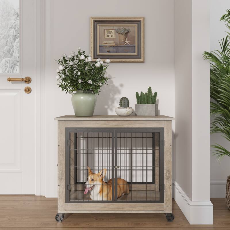 JHX Furniture Dog Cage Crate with Double Doors - Grey
