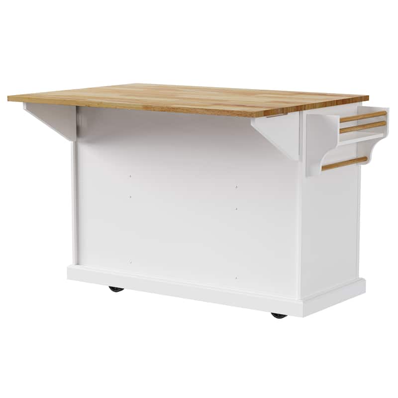 54" Large Rolling Kitchen Island with Rubber Wood Drop Leaf - Embossed Texture Storage Cart with 4 Doors & 3 Drawers for Kitchen