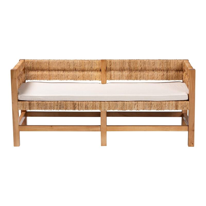 Ismael Accent Bench - Handwoven Seagrass Accent Seating with Mahogany Wood Frame, Raised Back Bench for Entryway or Living Room