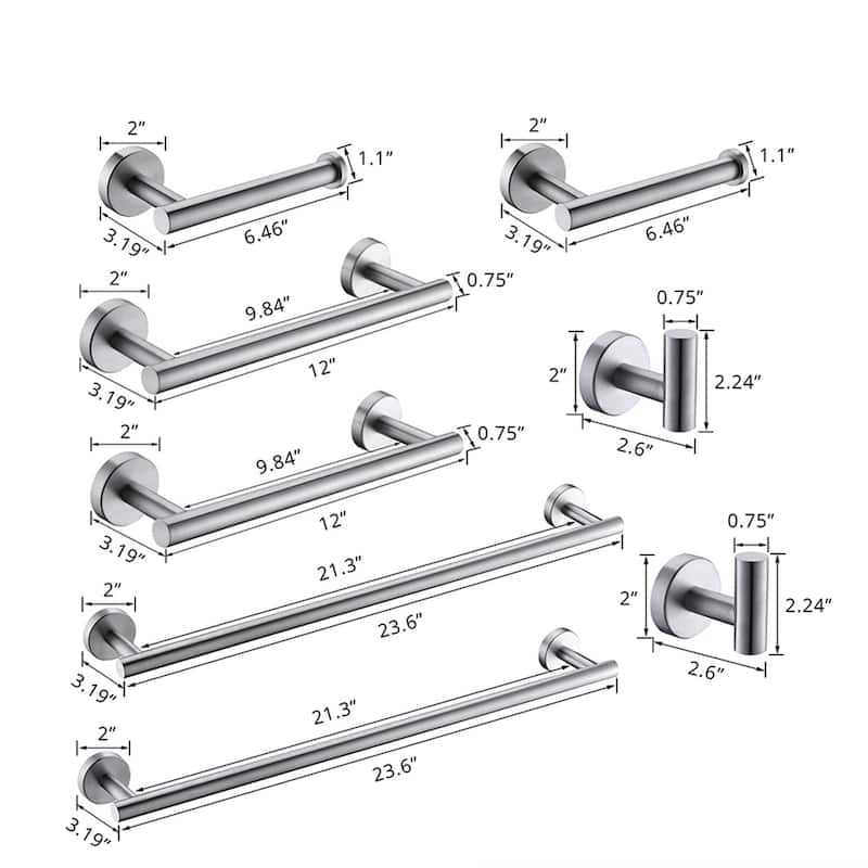 8-Piece Wall Mount Bathroom Hardware Set 23'' Bathroom Towel Bar Toilet Paper Holder Robe Hooks Stainless Steel Accessories Set