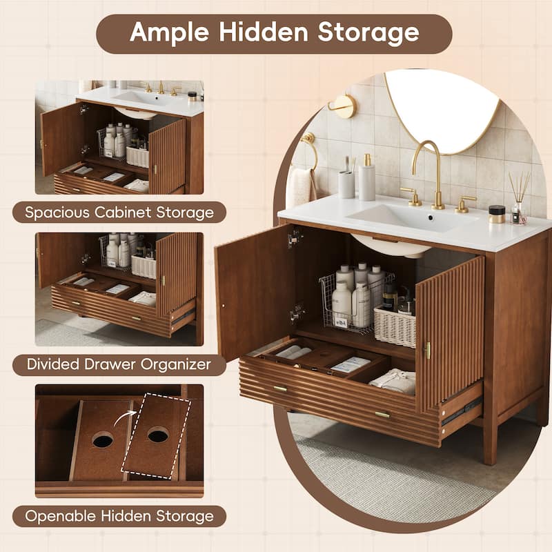 Christopher Knight Home - Mid-Century Freestanding Bathroom Vanity with Ceramic Sink, Flip-Up & Dual Drawers