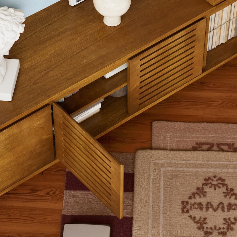 63" Mid-Century Modern Extendable TV Stand for 75 Inch TV, Wood Media Console with Storage & Adjustable Panel