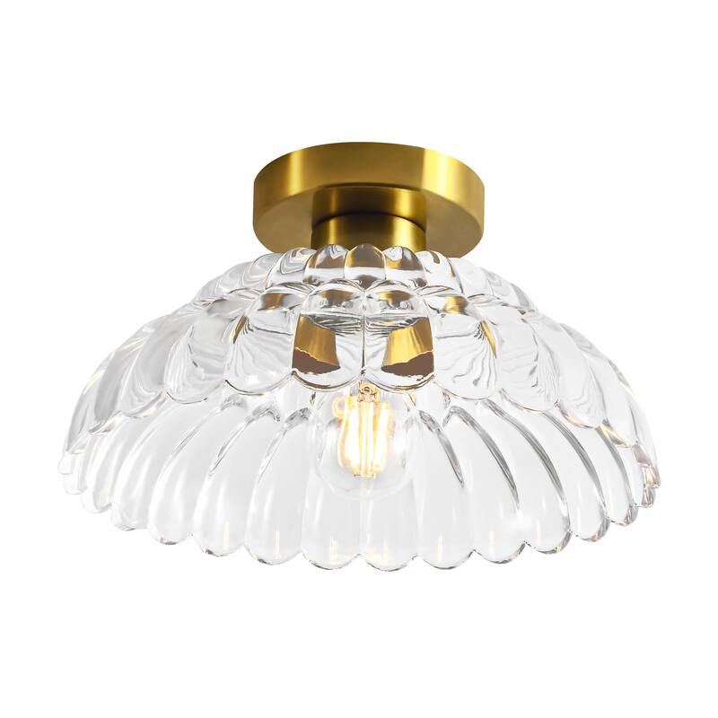 1-Light Vintage Brass Finish Metal Semi-Flush Mount Ceiling Light with Amber/Green/Grey/Clear Glass Shade for Kitchen, Hallway