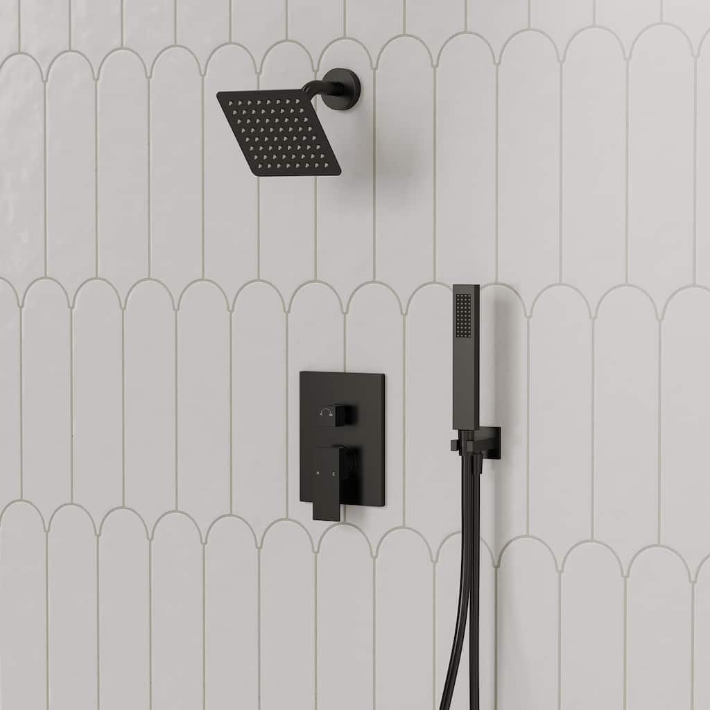 Wall Mounted 6 in Rain Shower Head Bathroom Shower Faucet Set, 2-Setting Square Shower System With Rough-In Valve, & Handheld