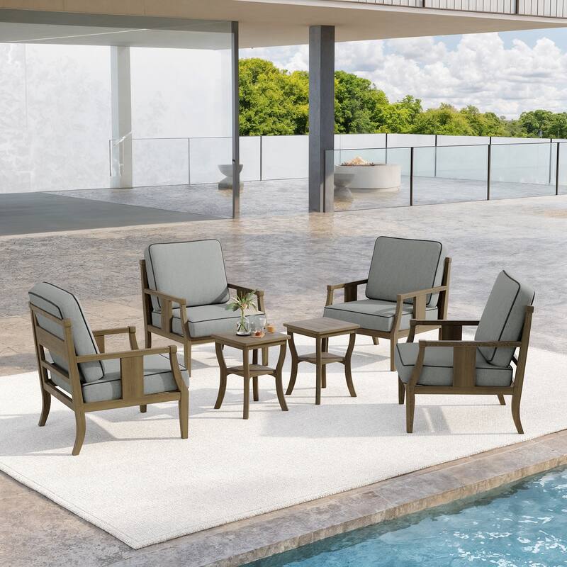 6-Piece Outdoor Teak Seating Set Armchair Patio Conversation Sets with 2 Tables, Cushion