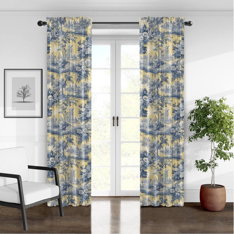 6ix Tailors Giverny Toile Butter Yellow Pole Top Drapery Panels Set of 2