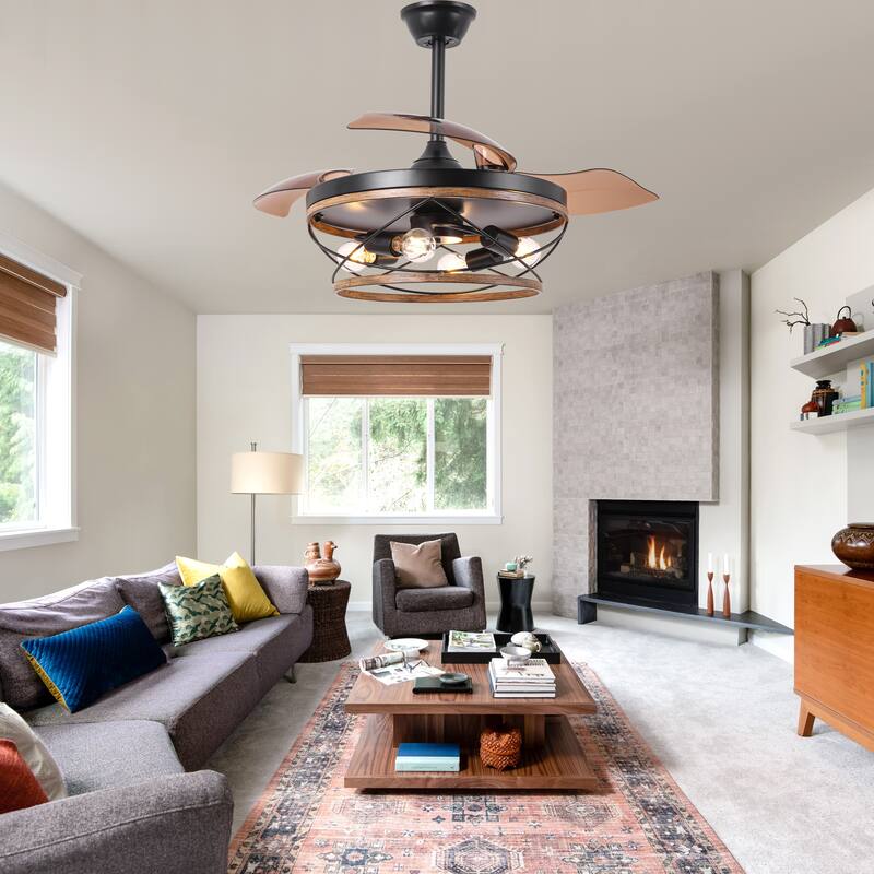 Bella Depot 42" Rustic Retractable Wood Ceiling Fan with Light and Remote 6-Speed Reversible Fan