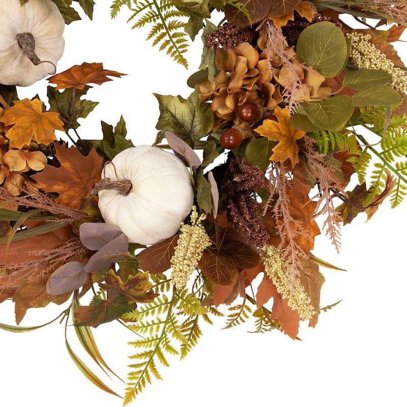 Pumpkins and Leaves Artificial Fall Harvest Wreath - 26" - Unlit