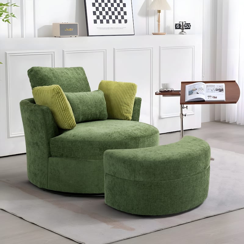 Upholstered Swivel Accent Chair with Wooden Tray Storage Ottoman