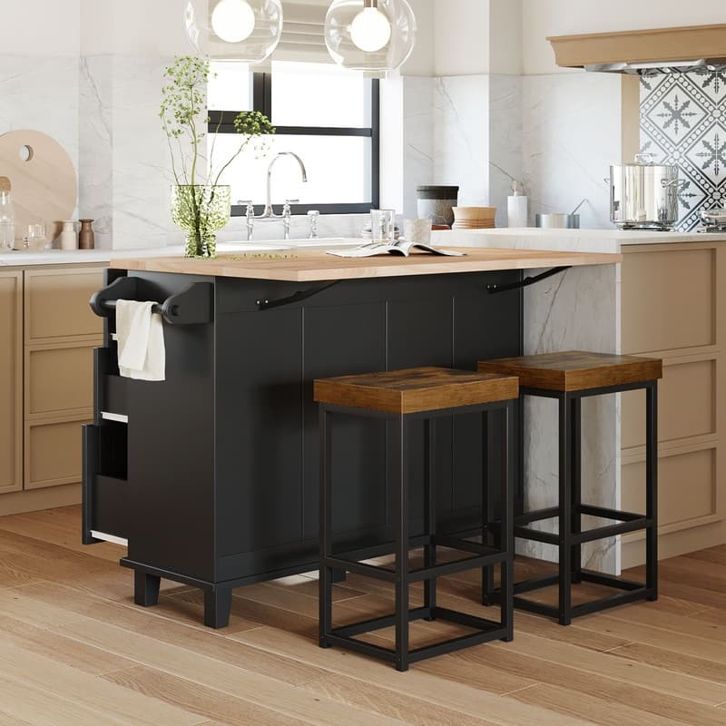 Farmhouse-Style Kitchen Island Set with Drop-Leaf Table, Two Seats, Storage Cabinet, Drawers, and Towel Rack‌