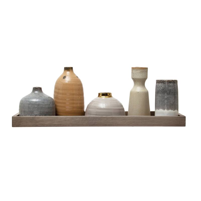 Mango Wood Tray with Candle Holders and Vases - Style 2